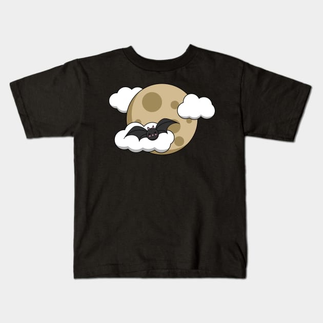 Kawaii Happy Bat Flying on Full Moon Kids T-Shirt by BirdAtWork